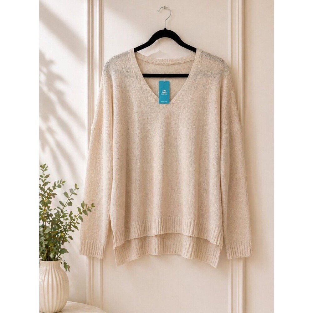 Cupshe Cream Knit Sweater NWT Size XL Lightweight V-Neck Relaxed Fit Neutral